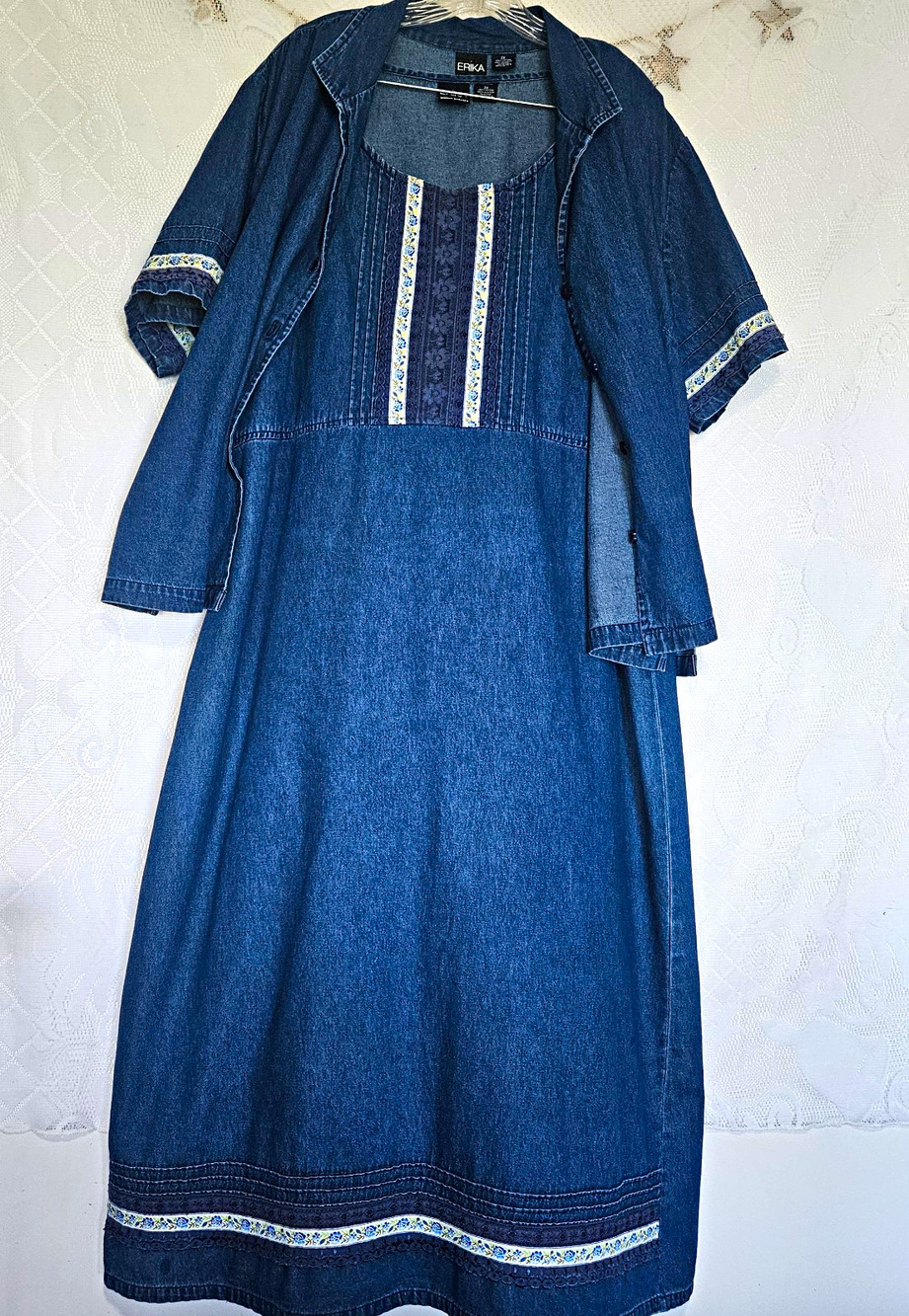 ERIKA Size 2X Blue Denim Maxi Dress Set Button Up Jacket Cottagecore Boho 90s